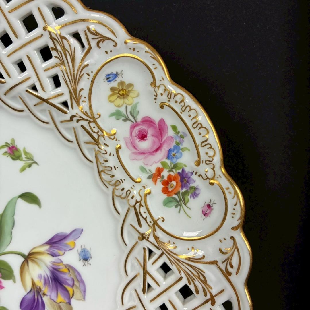 美品 マイセン 透かし皿 透かし細工金彩プレート 花と昆虫 額皿 MEISSEN